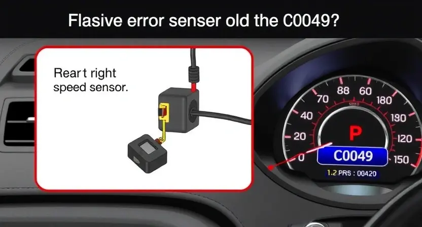 A detailed illustration of a car's dashboard, focusing on the area where the rear right speed sensor is located. The sensor should be clearly visible, along with wiring and connections. Include a visual representation of the C0049 error code displayed on the car's instrument cluster. The background should be a slightly blurred view of the car's interior.