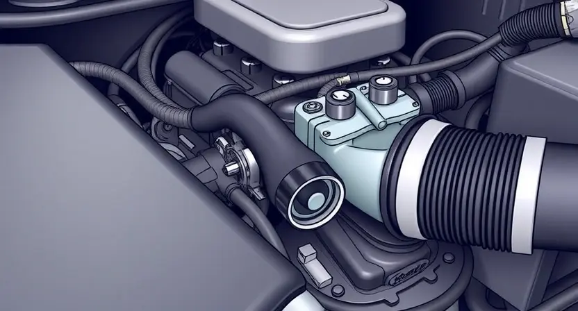 A close-up, detailed illustration of a car's engine bay, specifically focusing on the Mass Air Flow (MAF) sensor and its connection to the intake manifold. The sensor should be clearly visible, along with the surrounding hoses and wiring. The engine should appear clean and well-maintained. Focus on the sensor's physical appearance and its integration within the engine system.