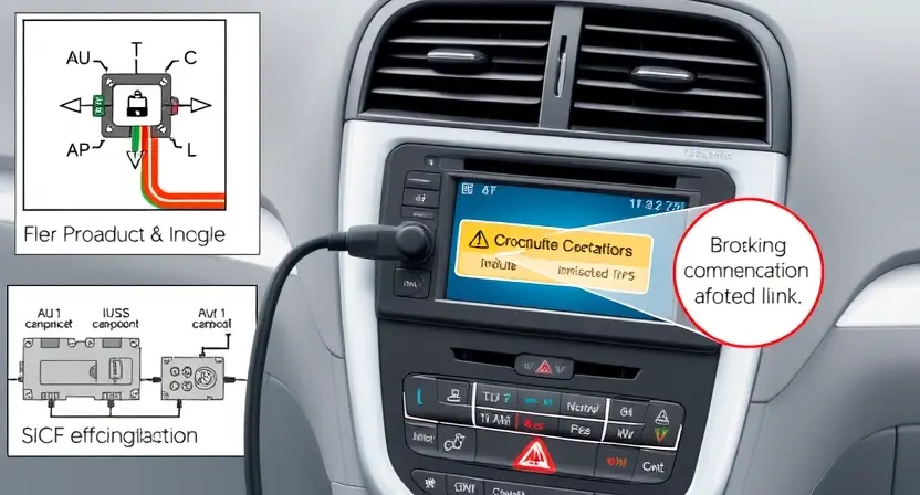 A high-quality technical illustration showing a vehicle's navigation control module with a broken communication link, represented by a disconnected cable or error indicator, surrounded by schematic diagrams of wiring and electronic components, clean and professional visual style