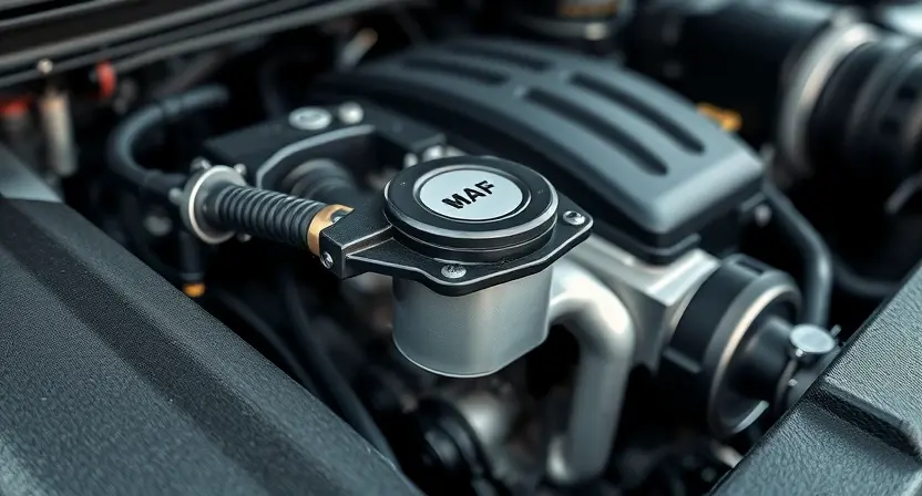 A close-up, detailed illustration of a car's engine bay, focusing on the mass airflow sensor (MAF sensor). The sensor should be clearly visible, with surrounding engine components subtly in focus. The overall lighting should be bright and clean, highlighting the sensor's details. The background should be blurred to emphasize the sensor.