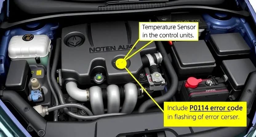 A detailed illustration of a car's engine bay, highlighting the HVAC (Heating, Ventilation, and Air Conditioning) system components. Focus on the temperature sensor and its connection to the control unit. Include visual cues representing the P0114 error code, such as a flashing light or a diagnostic display.