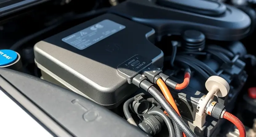 A close-up photograph of a car's engine bay, focusing on the engine control unit (ECU) and the relay control circuit. The image should highlight the wiring and connections related to the main relay, emphasizing a sense of technical detail and precision. The overall lighting should be bright and clear, showcasing the components without shadows obscuring details. The background should be slightly blurred to keep the focus on the engine components.