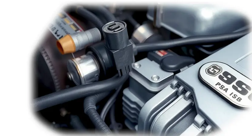 A close-up, detailed illustration of a car engine bay. Focus on the throttle position sensor and its wiring harness. Highlight the sensor's electrical connections and the surrounding engine components. The image should convey a sense of technical precision and diagnostic inspection. Use realistic lighting and textures to depict the metallic parts and wiring.