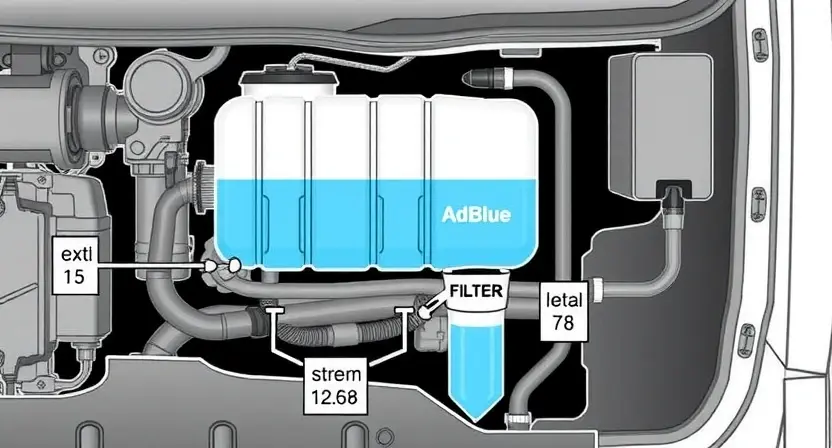 A detailed illustration of a vehicle's AdBlue system, showing the tank, filter, and connection points. The system should be clearly labeled with relevant components. Focus on the technical aspects and components involved in the AdBlue system.