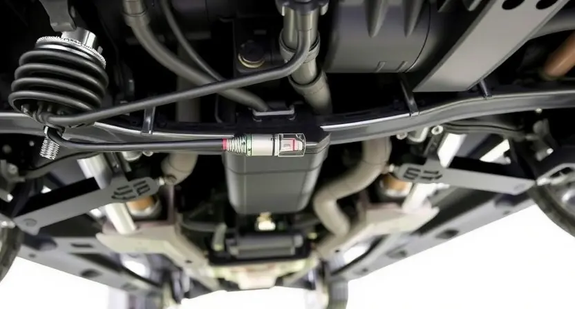A close-up, detailed image of a car's chassis with a highlighted sensor. The sensor should be clearly visible, and the surrounding area should show typical car undercarriage components like suspension parts and metal framing. Focus on the sensor's connection point and wiring. The overall lighting should be bright and even, emphasizing the mechanical details.