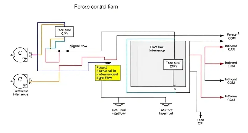 A detailed schematic diagram of a car's engine control system, highlighting the force control circuit. Focus on signal flow and potential interference points. Use clear, technical illustrations and labels.