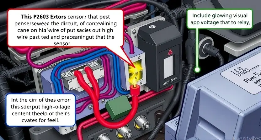 A detailed illustration of an automotive electrical control circuit with a focus on the wiring and components related to the P2603 error code. The image should depict a close-up view of the circuit board, highlighting potential causes of the error, such as a faulty sensor, a damaged wire, or a malfunctioning relay. Include visual cues indicating high voltage, such as glowing components or sparking.