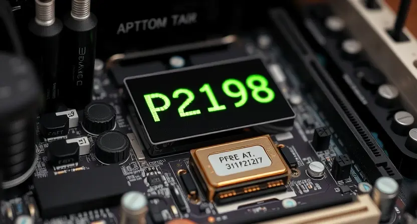 A close-up, detailed image of a computer motherboard with a highlighted P2192 error code displayed on the screen. Focus on the components related to the error, such as the CPU, RAM, and chipset. The background should be blurred, emphasizing the motherboard.
