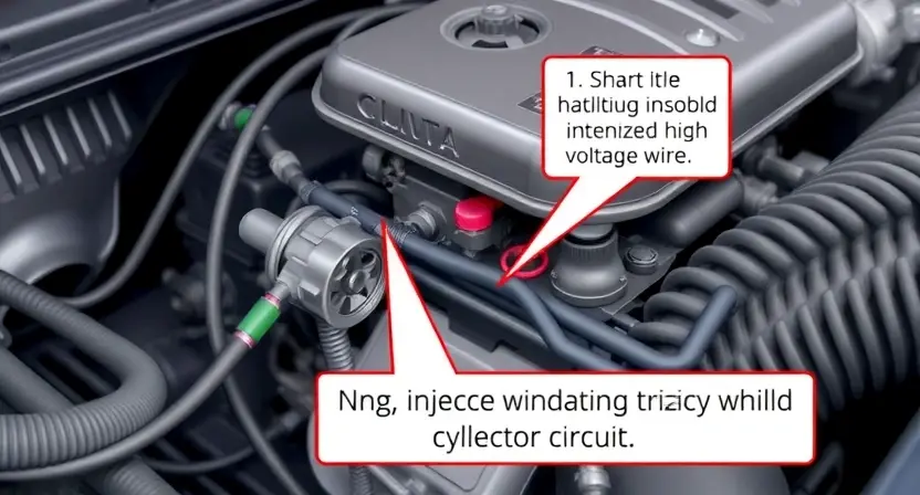 A detailed illustration of an engine bay with a focus on the fuel injector circuit for cylinder #4. Show a close-up of the injector, wiring, and related components. Include visual cues indicating a potential high voltage issue, such as a slightly damaged wire or a stressed connection. The background should be slightly blurred to emphasize the injector circuit.