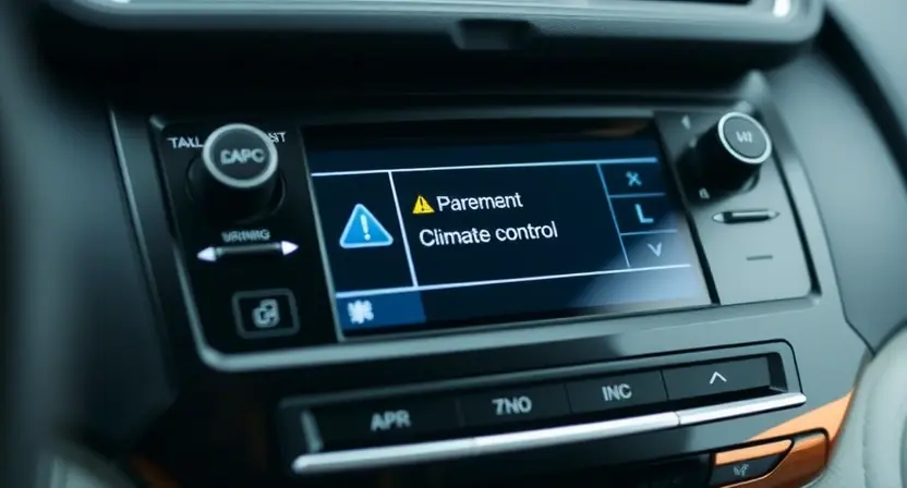 A close-up shot of a car's dashboard, focusing on the climate control display. The display should show a warning symbol or an error message related to the climate control system. The overall aesthetic should be clean and modern, highlighting the technological aspect of the car.