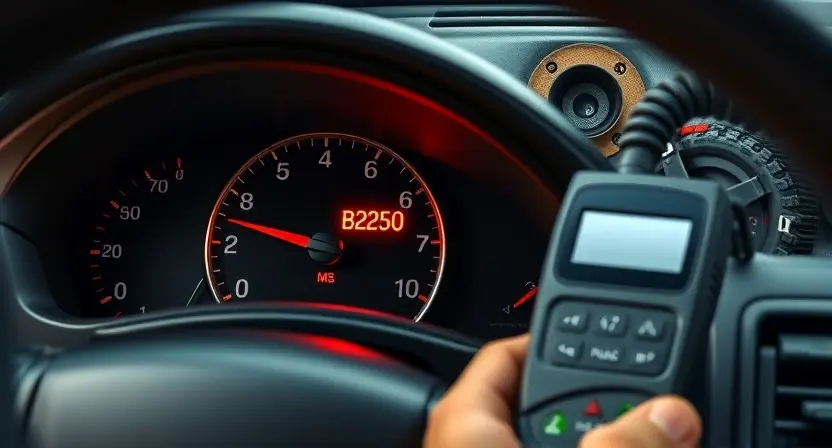 A detailed image of a car dashboard with the B2250 error code displayed on the instrument cluster. The scene should include a mechanic using a diagnostic tool connected to the car's OBD-II port, with various car parts and tools neatly arranged on the side. The setting should be a well-lit garage or workshop.