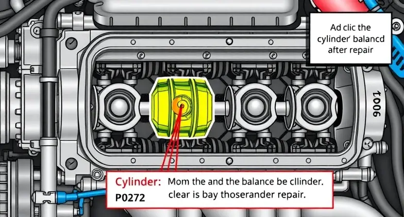 A detailed illustration of an engine block with a highlighted cylinder #4, showing the error code P0272. The illustration should depict the cylinder's balance and any potential issues. Include visual cues representing the error code's meaning and the importance of clearing the code after repair.