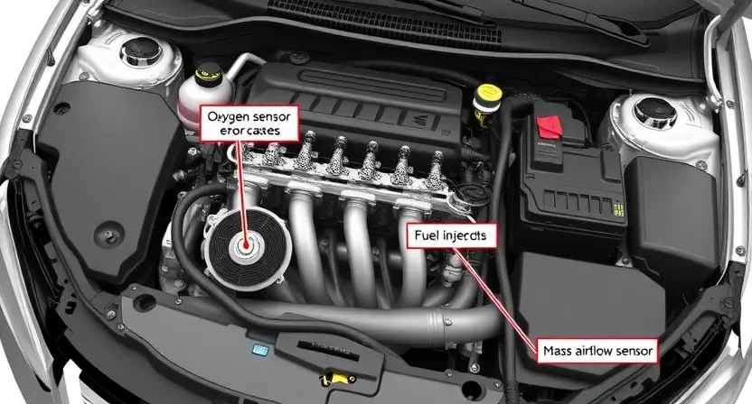 A detailed illustration of a car's engine bay, highlighting the relevant components associated with the P0173 error code (e.g., oxygen sensors, fuel injectors, mass airflow sensor). Focus on visual representation of potential causes and diagnostic tools.
