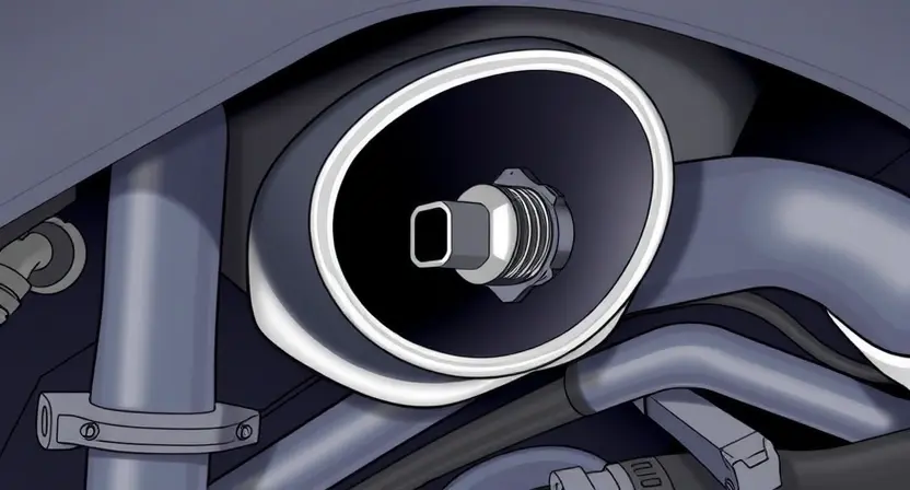 A close-up, detailed illustration of a car's exhaust system, specifically focusing on the oxygen sensor located in the first exhaust bank. The sensor should be clearly visible, along with surrounding pipes and components. The image should convey a sense of technical precision and highlight the sensor's position within the engine's exhaust flow. Focus on the sensor's physical characteristics – its shape, connections, and any visible wear or damage.