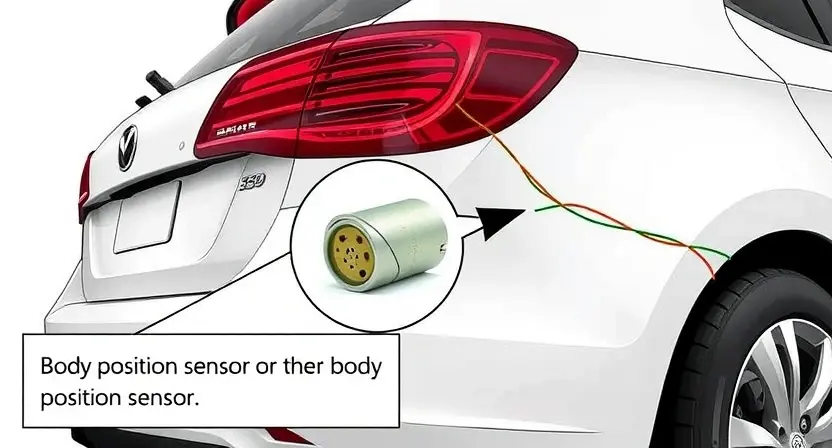 A detailed illustration of a car's rear right side, highlighting the body position sensor and its surrounding wiring. The sensor should be clearly visible with a focus on its connection points and any visible damage or wear. The car's body should be depicted in a neutral position to emphasize the sensor's role in detecting body position.