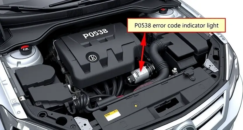 A detailed illustration of a car's engine bay, highlighting the P0538 error code indicator light. Focus on the diagnostic tools and wiring related to the issue.