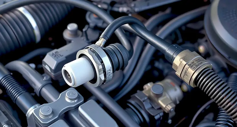 A close-up, detailed illustration of a car's engine bay, focusing on the oxygen sensor (O2 sensor) and its wiring. The sensor should be clearly visible, along with surrounding engine components like hoses and belts. The overall lighting should be bright and clean, highlighting the sensor's details.