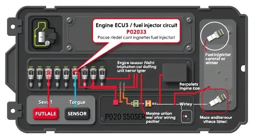 A detailed illustration of an engine control unit (ECU) with a highlighted fuel injector circuit, showing the P0203 error code and its potential causes. Include visual representations of fuel injectors, sensors, and wiring.