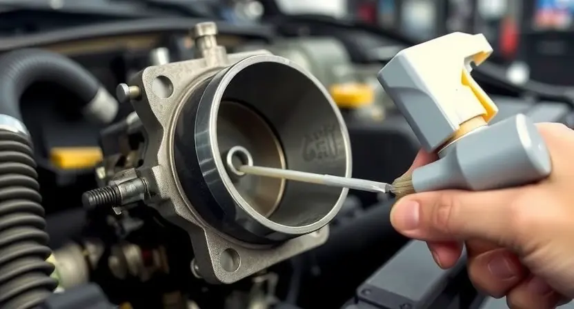 A close-up, detailed image of a car's throttle body being cleaned. The throttle body should be the central focus, showing its intricate internal components. Cleaning tools like a specialized throttle body cleaner and brushes should be subtly visible in the background, suggesting the cleaning process. The overall lighting should be bright and focused on the throttle body, highlighting its condition and the cleaning procedure. The background should be a clean, well-lit garage environment.