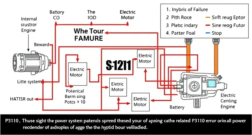 A detailed schematic diagram of a hybrid vehicle's power system, highlighting the battery, electric motor, and internal combustion engine. Focus on the connections and potential points of failure related to P3110 error. Use clear, technical illustrations and labels.