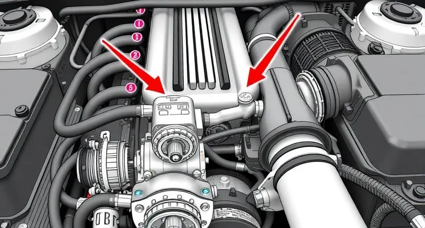 A detailed illustration of an engine bay with a focus on the intake flap actuator. The actuator should be clearly visible, with arrows indicating its position and connection to the intake manifold. Include surrounding engine components like hoses and belts, but keep the focus on the actuator. The overall scene should be clean and well-lit, emphasizing mechanical precision.