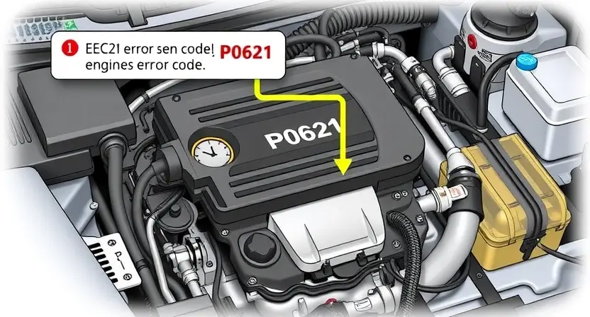 A detailed illustration of an automotive engine control unit (ECU) with various sensors and wiring, highlighting the P0621 error code. The image should depict the ECU's internal components and external connections, with a subtle visual representation of the error code being flagged.