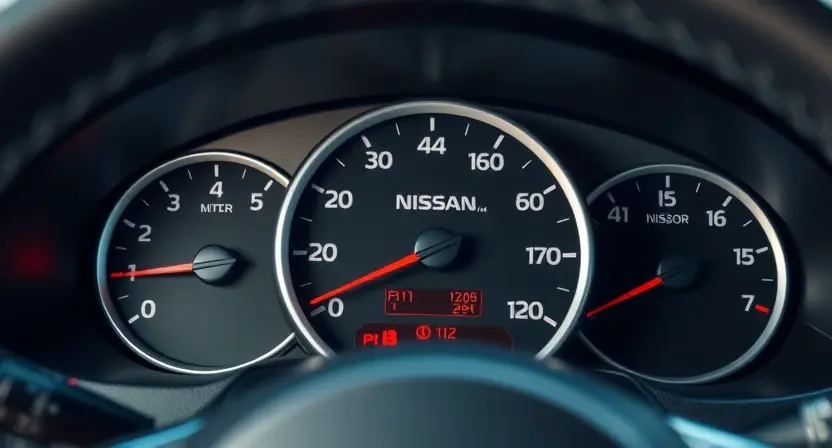 A close-up, detailed shot of a Nissan vehicle's dashboard, specifically focusing on the instrument cluster. The dashboard should be clean and well-lit, showcasing the gauges and any warning lights. The image should subtly highlight the area where a P1212 error code might be displayed (without actually showing the code itself). The overall impression should be one of automotive technology and diagnostics.