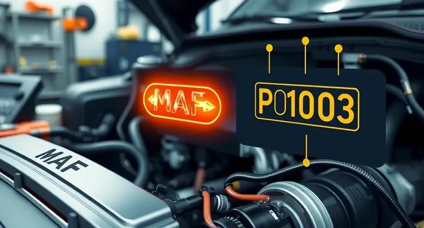 A detailed automotive diagnostic illustration showing a car engine with focus on the mass airflow sensor (MAF), highlighted with glowing indicators, surrounded by symbolic error code P0103 floating nearby, technical schematics in the background, clean professional workshop setting, soft directional lighting, high detail, realistic style