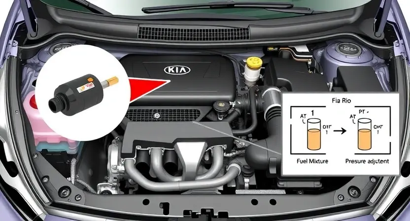 A detailed illustration of a car engine bay, focusing on the fuel system components. Include a close-up of the fuel pressure sensor and a diagram showing the fuel mixture adjustment process. The engine should be a Kia Rio, and the overall scene should be clean and well-lit.