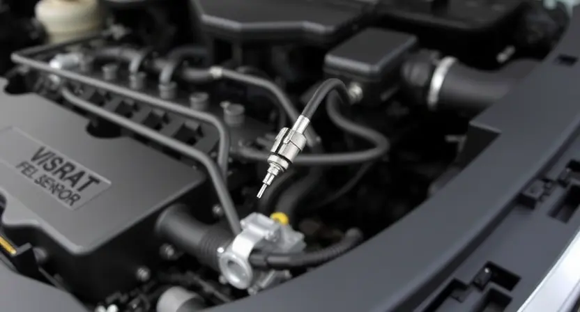 A detailed illustration of a car's engine bay, highlighting the fuel trim sensor and related components. Focus on the sensor itself and its connection to the engine control unit (ECU). The background should be slightly blurred to emphasize the sensor.