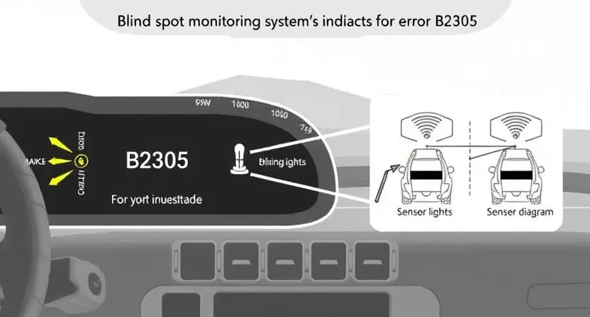 A high-quality technical illustration showing a vehicle's blind spot monitoring system with a warning indicator for error B2305, featuring clear visual elements like warning lights, sensor diagrams, and error code display, all rendered in the specified style