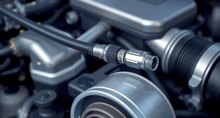 A close-up, detailed illustration of a car engine bay, focusing on the oxygen sensor and its wiring. The sensor should be clearly visible, along with the surrounding engine components. The image should convey a sense of technical precision and clarity, highlighting the sensor's position and connection points. The background should be slightly blurred to emphasize the sensor.