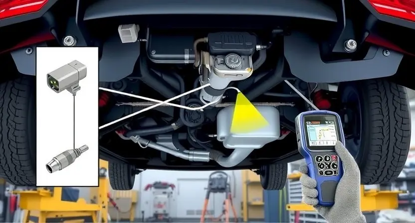 A detailed illustration of a car's undercarriage with a highlighted sensor, showing the location of the sensor and its connections. The image should depict a technician using a diagnostic tool to scan the sensor, with a focus on the diagnostic process. The scene should include a well-lit workshop environment with tools and equipment in the background.
