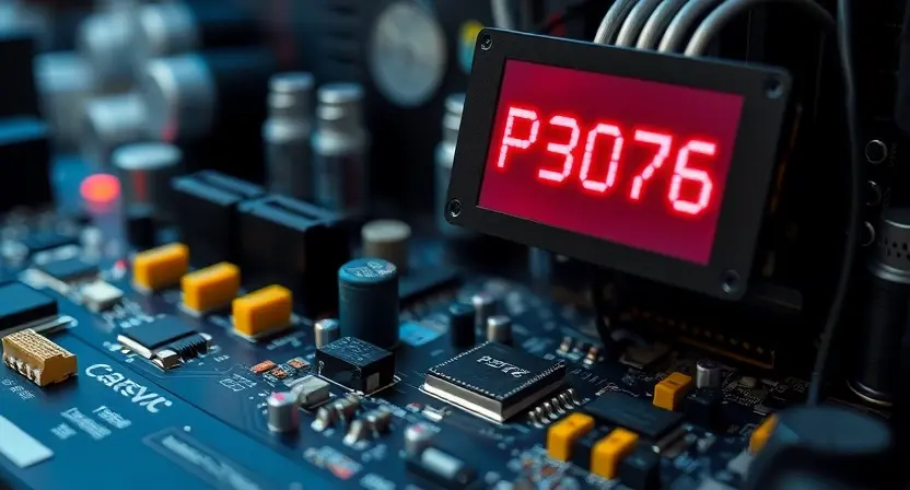 A close-up, detailed illustration of a computer motherboard with a highlighted error code 'P3076' displayed on a small screen connected to it. Focus on the electronic components and circuitry. The background should be blurred, suggesting a technical workspace.