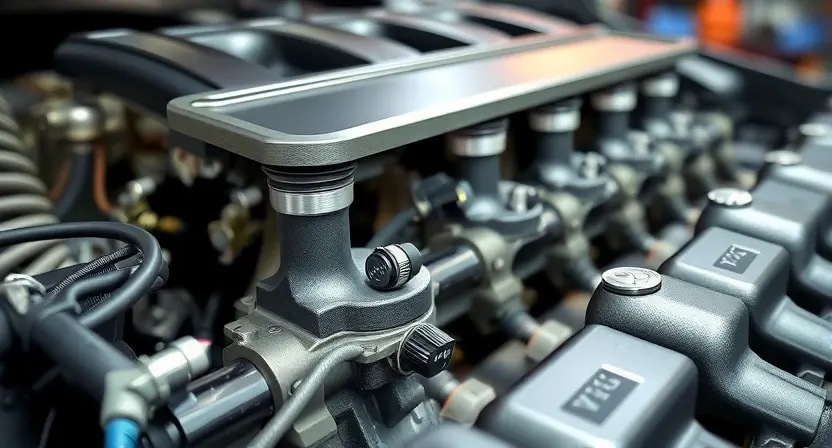 A close-up, detailed illustration of a car engine's intake manifold with a focus on the MAP sensor. The sensor should be clearly visible, with subtle highlights indicating its function in measuring manifold absolute pressure. The engine components should be rendered with realistic textures and lighting, emphasizing the mechanical complexity. The background should be blurred, suggesting a workshop environment.