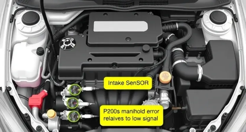 A detailed illustration of an engine bay, focusing on the intake manifold and associated sensors. Highlight the area where the P2009 error relates to low signal. Show the wiring harness and connections clearly. The overall image should be clean and professional, suitable for a repair manual.