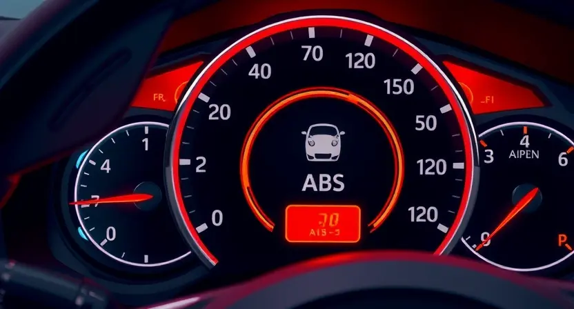 A close-up, detailed illustration of a car's dashboard with the ABS warning light illuminated. The dashboard should be clean and modern, focusing on the warning light and surrounding indicators. The car interior should be subtly visible but not distracting.