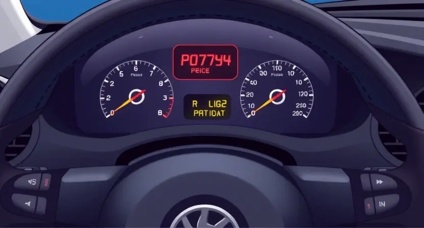 A detailed illustration of a car's dashboard with a diagnostic code display showing P0704. The dashboard should be brightly lit and clearly show the code. Include relevant car parts like the steering wheel, instrument cluster, and air vents.