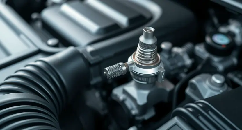 A close-up shot of a car's engine bay, focusing on the engine temperature sensor. The sensor should be clearly visible, with surrounding engine components blurred in the background. The overall lighting should be bright and clean, highlighting the sensor's details.