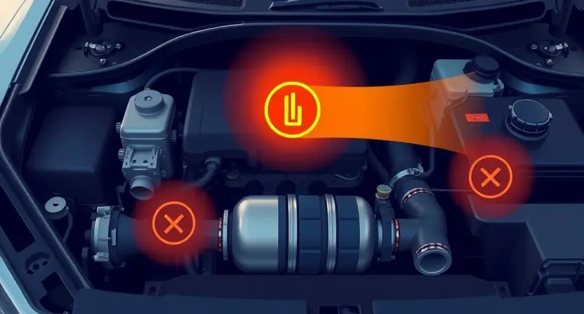 A high-quality technical illustration showing a car engine with a glowing check engine light, a catalytic converter with visible exhaust flow, and abstract symbols representing misfiring cylinders, all rendered in a clean, scientific style