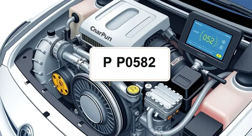 A detailed illustration of a car engine with a highlighted error code P0582 displayed on a diagnostic screen. The engine should be realistically rendered, showing various components like pistons, valves, and belts. The diagnostic screen should clearly show the P0582 code and relevant information.