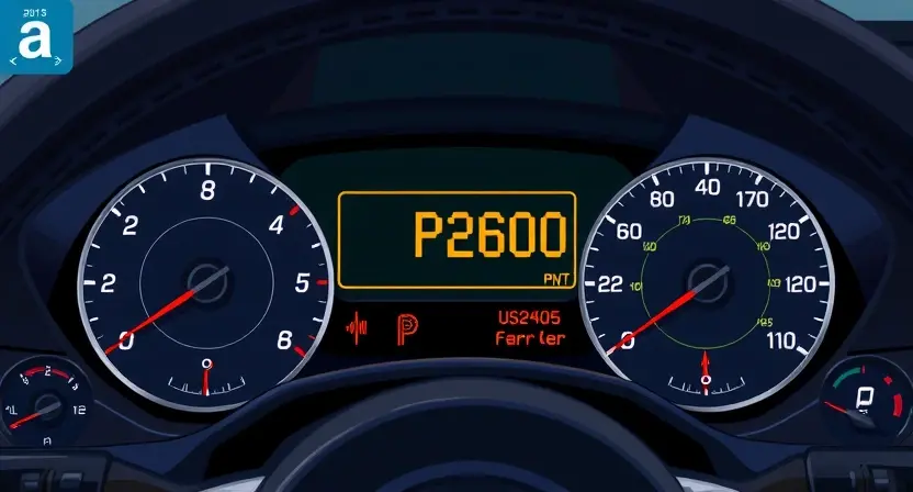 A detailed illustration of a car's dashboard with a P2600 error message displayed on the instrument cluster. The dashboard should be brightly lit, showing various gauges and warning lights. Focus on the error message and its surrounding context.