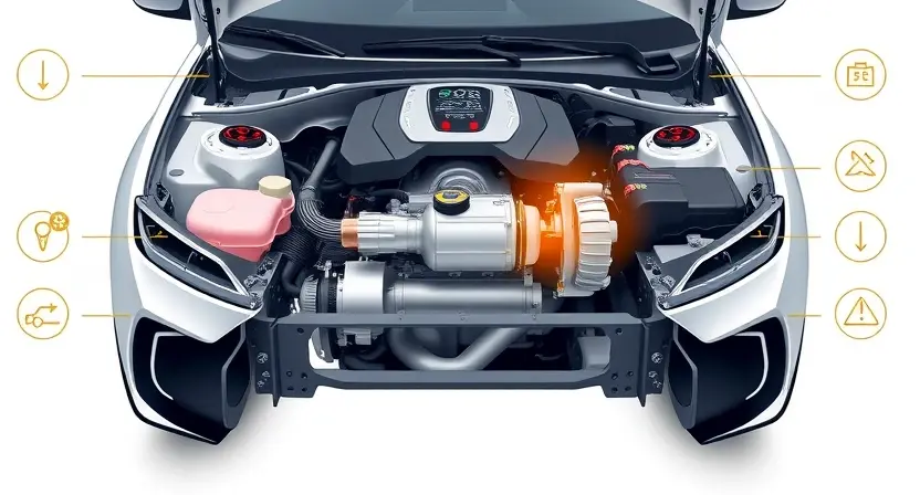 A high-quality technical illustration showing a modern car engine with a highlighted oxygen sensor and engine control unit, surrounded by subtle circuit diagrams and warning light icons, clean white background, professional automotive diagnostic style
