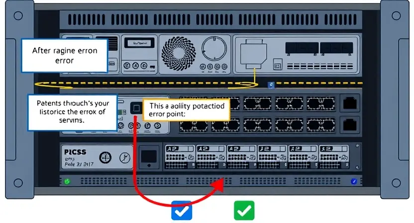 A complex technical illustration depicting a server rack with various components, highlighting a potential error point. Include visual cues representing data flow and system architecture. Focus on clarity and precision in representing the hardware and connections.