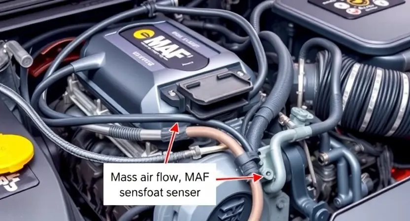 A detailed illustration of a car engine bay, focusing on the Mass Air Flow (MAF) sensor. The sensor should be clearly visible, with wires and connections highlighted. Include visual cues indicating a potential malfunction, such as a slightly discolored sensor or a loose wire. The background should be slightly blurred to emphasize the sensor.