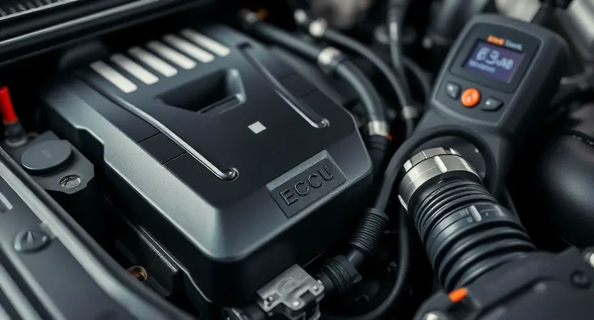 A close-up, detailed image of a car's engine bay. Focus on the engine control unit (ECU) and related sensors. The engine should appear clean and well-maintained. Subtle hints of diagnostic tools (like a scan tool) could be present in the background, but not the main focus.