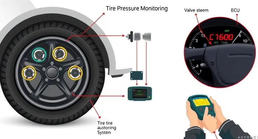 A detailed technical illustration of a car tire pressure monitoring system showing sensors inside tires, a dashboard warning light displaying 'C1600', and a mechanic using a diagnostic tool to check the system, with clear labels on components like TPMS sensor, valve stem, and ECU, in a clean automotive workshop setting