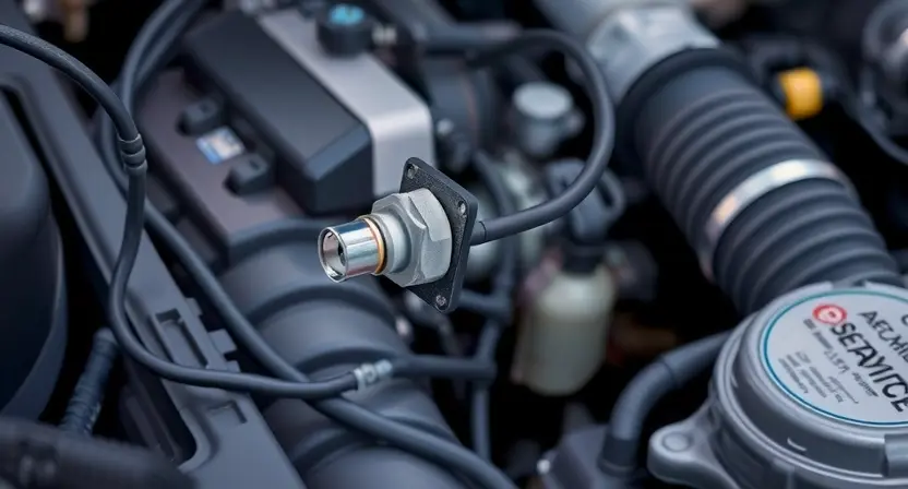 A detailed illustration of a car's engine bay, focusing on the coolant temperature sensor and its wiring. The sensor should be clearly visible, along with the associated wiring harness and connector. The background should be slightly blurred to emphasize the sensor.