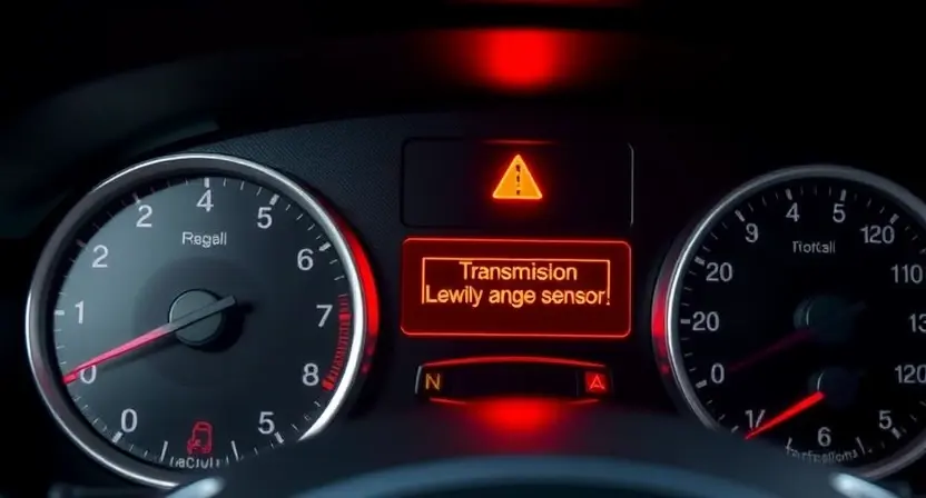 A close-up illustration of an automotive dashboard displaying a warning light and a diagnostic message indicating a low signal level from a transmission range sensor. The dashboard should be realistically rendered with visible gauges and indicators. The background should be a blurred view of a car interior.
