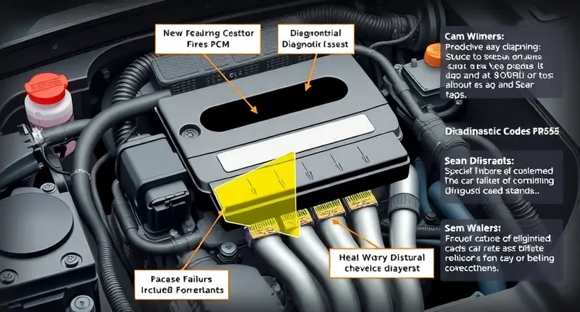 A detailed illustration of a car's engine control module (PCM) with highlighted areas indicating potential failure points. Include wiring diagrams and diagnostic codes (P0585) subtly displayed. The image should be scientifically accurate and visually informative.